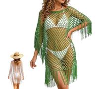 Fringe Mesh Hollow out Pullover,Boho Crochet Beach Cover Up Poncho,Summer Sweat-Free Mesh Beach Swim Coverup，Green