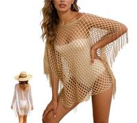 Fringe Mesh Hollow out Pullover,Boho Crochet Beach Cover Up Poncho,Summer Sweat-Free Mesh Beach Swim Coverup，Gold