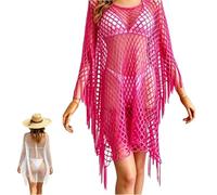 Fringe Mesh Hollow out Pullover,Boho Crochet Beach Cover Up Poncho,Summer Sweat-Free Mesh Beach Swim Coverup，Rose