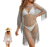 Fringe Mesh Hollow out Pullover,Boho Crochet Beach Cover Up Poncho,Summer Sweat-Free Mesh Beach Swim Coverup，Silver