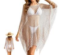 Fringe Mesh Hollow out Pullover,Boho Crochet Beach Cover Up Poncho,Summer Sweat-Free Mesh Beach Swim Coverup，White