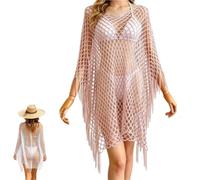 Fringe Mesh Hollow out Pullover,Boho Crochet Beach Cover Up Poncho,Summer Sweat-Free Mesh Beach Swim Coverup，Pink