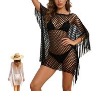 Fringe Mesh Hollow out Pullover,Boho Crochet Beach Cover Up Poncho,Summer Sweat-Free Mesh Beach Swim Coverup，Black