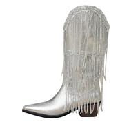 Fringe - Stivali da donna in stile western, con punta metallica, tacco grosso, Argento, 36.5 EU