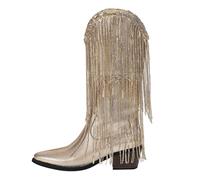 Fringe - Stivali da donna in stile western, con punta metallica, tacco grosso, Oro, 37.5 EU