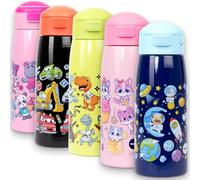 Fringoo Borraccia per bambini con cannuccia, bottiglia in acciaio inossidabile da 350 ml, doppia parete isolata, 100% a prova di perdite e con serratura, maniglia per il trasporto, controllo della tem