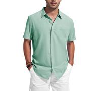 Friptspyg Camicia di Cotone e Lino a Maniche Corte Uomo con Tasca E Bottoni Nascosti Perfetta per L'uso Casual Quotidiano O in Spiaggia, Verde Menta L