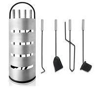 Froadp 5 pezzi Attrezzi per Camino in Acciaio Inossidabile Strumenti per Caminetti include Spazzole, Pinza, Ganci, Paletta e Supporto Stufa a Legna Set di Utensili Caminetto per Cucina Casa (Argento)