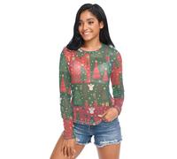 FRODOTGV Albero di Natale e Angelo Patchwork Modello Donne Vedere Attraverso Crop Top Manica Lunga Casual Trasparente Camicetta Top, Motivo patchwork albero di Natale e angelo, L