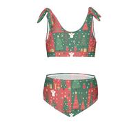 FRODOTGV Albero di Natale e Angelo Patchwork Modello Ragazze Due Pezzi Bikini Set Girocollo Costumi Da Bagno Costumi Da Bagno Carino Tracolla, Motivo patchwork albero di Natale e angelo, 9-10 Anni