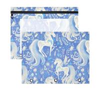 FRODOTGV Art White Horses - Astuccio blu con 3 occhielli rinforzati, tasca a 3 anelli per raccoglitori a 3 anelli, confezione da 2 forniture per insegnanti