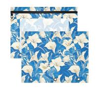 FRODOTGV Astuccio bianco con giglio blu con cerniere lisce, tasca a 3 fori per raccoglitori a 3 anelli, confezione da 2 articoli per studenti di classe