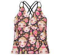 FRODOTGV Beauty Cosmetics Pattern Tankini Top da donna ad asciugatura rapida per controllo della pancia, Motivo cosmetico di bellezza, XL