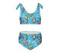 FRODOTGV Blu Colorato Renna Albero di Natale Ragazze 2 Pezzi Bambini Bikini Set Quick-Dry Costume Da Bagno Costumi Da Bagno Carino Tracolla, Albero di Natale con renna colorata blu, 11-12 Anni