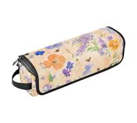 FRODOTGV Borsa da viaggio per accessori per capelli, organizer e tappetino resistente al calore con cerniera, fiori primaverili, lavanda, viola del pensiero, farfalle, api, pesca, per ferro
