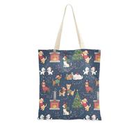 FRODOTGV Borsa di tela di canapa di medie dimensioni con motivo natalizio con cervi, colore verde scuro, marrone, cervo, albero, uccello, casual, media, regalo con manici, Scena di Natale Cane Navy