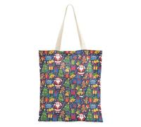 FRODOTGV Borsa di tela di canapa di medie dimensioni con motivo natalizio con cervi, colore verde scuro, marrone, cervo, albero, uccello, casual, media, regalo con manici, Christmas Navy Colorful