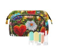 FRODOTGV Borsa per cosmetici grande borsa per il trucco leggera fiori selvatici margherite e cuori rossi degli amanti cosmetici stoccaggio monete da donna, Fiori Di Campo, Margherite E Cuori Rossi
