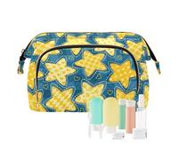 FRODOTGV Borsa per il trucco, stella gialla a cinque punte e reticolo blu, borsa da viaggio cosmetica, borsa da viaggio con cerniera da donna, Stella gialla a cinque punte e reticolo blu, 1 Size