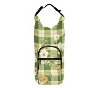 FRODOTGV Bottiglia d'acqua con fiori verdi a quadri di bufalo per camminare elegante borsa termica per bottiglie d'acqua da trekking adatta a bottiglie da 20/24/32/4 once