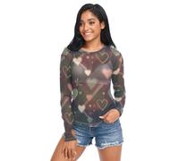 FRODOTGV Camicia da donna con motivo natalizio scozzese, cuori, stelle, agrifoglio, trasparente, a maniche lunghe, girocollo, in rete, abbigliamento da discoteca, Natale Plaid Cuori Stelle Agrifoglio