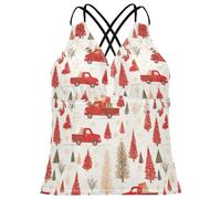 FRODOTGV Carino albero di Natale camion rosso donna Tankini ad asciugatura rapida controllo pancia nuoto top, Albero di Natale carino camion rosso, XS