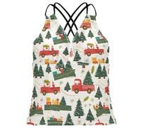 FRODOTGV Carino Albero di Natale Camion Rosso Donna Tankini Spiaggia Controllo Pancia Costume Da Bagno Canotte, Albero di Natale carino camion rosso, S