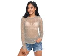 FRODOTGV Christmas Brown White Minimalist Tree Donna Vedere Attraverso Top Manica Lunga Casual Mesh Clubwear Camicia, Albero di Natale marrone bianco minimalista, L