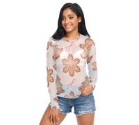 FRODOTGV Christmas White Pink Gingerbread Cookies Donne Vedere Attraverso Crop Top Manica Lunga Casual Mesh Sheer Top, Biscotti Di Pan Di Zenzero Rosa Bianco Di Natale, S