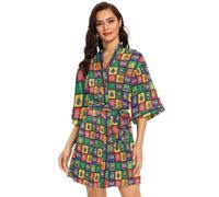 FRODOTGV Colorato Piazza Simboli di Natale Donne Kimono Robes, Accappatoio Sleepwear Skin-friendly Damigella d'onore Robe Short, Simboli di Natale quadrati colorati, L