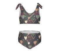 FRODOTGV Costume da bagno natalizio scozzese con cuori e stelle agrifoglio per bambine 2 pezzi costume da bagno da spiaggia con cinturino regolabile, Natale Plaid Cuori Stelle Agrifoglio, 7-8 Anni