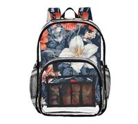 FRODOTGV Fiori rossi giglio blu navy bambini zaino trasparente per libri con tasca laterale trasparente zaino resistente trasparente, fiori rossi giglio blu navy, 1 taglia, Fiori rossi giglio blu