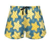 FRODOTGV Inverno Senza Cuciture Simpatici Gufi e Neve Donna Pigiama Shorts, Pantaloncini Della Tuta con Tasche Esercizio Pantaloncini Da Corsa, Stella gialla a cinque punte e reticolo blu, M