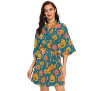 FRODOTGV Modello senza cuciture con zucche Donne Kimono Vestaglie, Accappatoio Loungewear Scollo a V Raso Robe Breve, seamless, modello, con, zucche, L