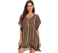 FRODOTGV Motivo a catena dorata su sfondo nero castagna donna costume da bagno copre bikini copricostume da spiaggia sexy abito con nappe, Reticolo catena dorata su sfondo nero Castagna, Large