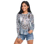 FRODOTGV Natale azzurro nero bianco albero leopardato stampa donna vedere attraverso camicie estive casual maglia maglia top trasparente, Natale Azzurro Nero Bianco Albero Stampa Leopardo, L