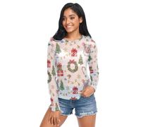 FRODOTGV Natale Bianco Rosso Verde Animale Regalo Albero Donna Vedere Attraverso Top Estate Casual Mesh Camicia Trasparente, Albero di Natale bianco rosso verde animale regalo, L
