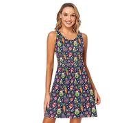 FRODOTGV Natale Navy Carino Veggie Elements Donna Abiti Corto Allentato A-Line Vacanza Flowy Sundress Girocollo, Natale Navy Carino Veggie Elementi, L