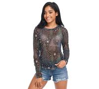 FRODOTGV Natale nero blu verde albero stellato donna vedere attraverso manica lunga casual T Shirt maglia top, Albero di Natale Nero Blu Verde Stellato, L