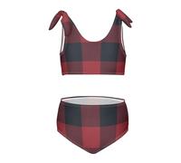 FRODOTGV Natale Rosso e Nero Plaid Modello Ragazze 2 Pezzi Bambini Bikini Set Girocollo Costumi Da Bagno Costumi Da Bagno Tracolla Regolabile, Motivo natalizio rosso e nero scozzese, 7-8 Anni