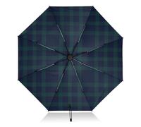 FRODOTGV Ombrello da viaggio in tartan scozzese blu verde, compatto, antivento, UV 50+, apertura/chiusura automatica, invertito, 102 cm, con custodia da viaggio