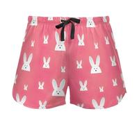 FRODOTGV Pantaloncini da pigiama da donna bianchi rossi con testo disegnato a mano, pantaloni del pigiama con tasche pantaloncini sportivi, Coniglietto di Pasqua Happy Easter Rosa, L