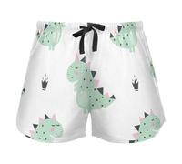 FRODOTGV Pantaloncini da pigiama verdi con motivo a mucca che mangia erba per le donne, pantaloncini da salotto con coulisse in vita elastica per l'esercizio fisico, Dinosauro carino con corona su