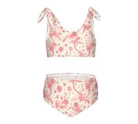 FRODOTGV Rosa Modello con Nastri Baci e Fiori Ragazze 2 Pezzi Bambini Bikini Set Girocollo Costumi Da Bagno Costumi Da Bagno Regolabile, Modello Rosa Con Nastri Baci E Fiori, 7-8 Anni