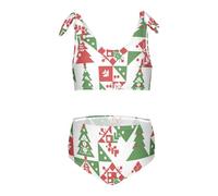 FRODOTGV Rosso e Verde Albero Di Natale Patchwork Modello Ragazze Due Pezzi Bikini Set Costumi Da Bagno Ad Asciugatura Rapida Costumi Da Bagno Cinghia Regolabile, Motivo patchwork albero di Natale