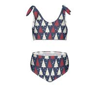 FRODOTGV Set bikini da bambina a due pezzi con albero di Natale bianco blu navy rosso e bianco costume da bagno ad asciugatura rapida con cinturino regolabile, Albero di Natale rosso navy bianco, 7-8