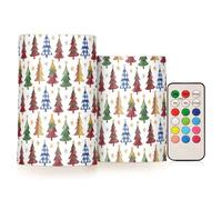 FRODOTGV Set di 2 candele natalizie bianche colorate a quadri con alberi, stelle, senza fiamma, LED tremolanti, con timer che cambia colore, telecomando, per feste, matrimoni, vacanze, decorazioni