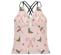 FRODOTGV Tankini da donna con motivo natalizio con canne di zucchero e bacche di agrifoglio, con scollo a V, Bacche di agrifoglio di Natale Candy Cane, XS