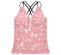 FRODOTGV Tankini da donna con motivo rosa con nastri, baci e fiori, top da spiaggia con scollo a V, Modello Rosa Con Nastri Baci E Fiori, XL