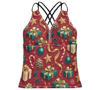 FRODOTGV Top Tankini da donna con scollo a V e motivo natalizio, colore rosso, idea regalo, Modello di palla regalo rosso di Natale, L